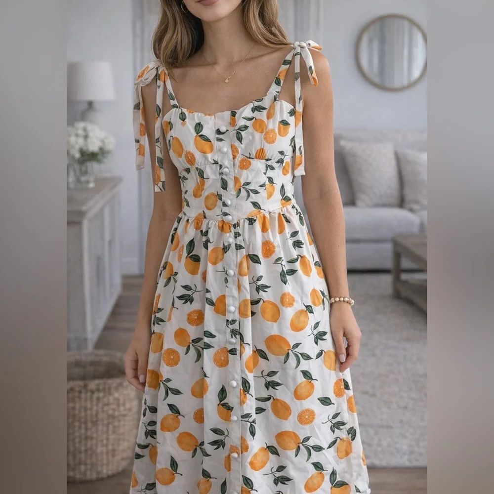 SHEINMOD Women M Lemon Print Midi Dress Cottagecore Summer Tie Strap Sundress